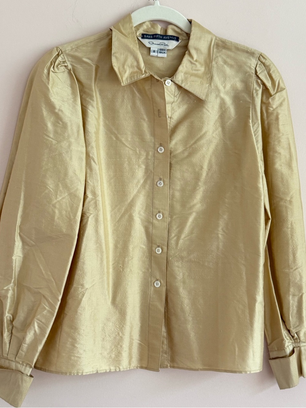 Oscar de la Renta Saks Fifth Avenue Champagne 100% Silk Button-Down Blouse